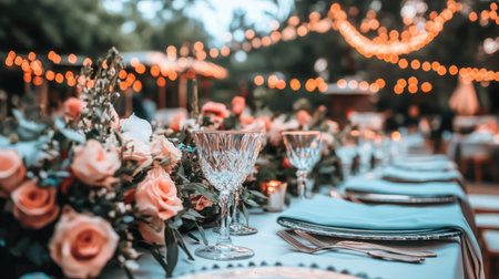 A beautifully arranged outdoor wedding scene featuring soft pink roses, elegant crystal glasses, and twinkling fairy lights, creating a romantic atmosphere.の素材