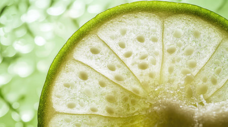 A closeup of a fresh lime slice showcasing its unique texture and bright green hue, perfect for culinary use or summer-themed visuals.の素材