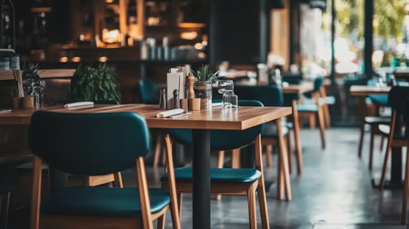 Modern restaurant interior showcasing wooden tables and chairs, inviting atmosphere, ideal for casual dining and social gatherings. Perfect for food lovers.の素材