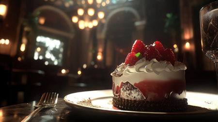 An exquisite dessert topped with fresh berries sits elegantly on a table. The warm lighting creates a luxurious ambiance perfect for fine dining.の素材