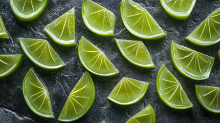 A vibrant arrangement of fresh green lime slices on a dark background, perfect for culinary or beverage themes, showcasing the freshness and zest of citrus.の素材