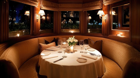 Experience a cozy and intimate dining space adorned with elegant decor, perfect for a romantic evening or special celebration. Warm candlelight enhances the inviting atmosphere.の素材