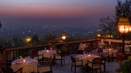 Experience an elegant outdoor dining setting at dusk, featuring beautifully set tables, ambient lights, and a stunning city skyline in the background.の素材