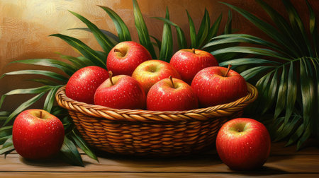 A delightful arrangement of fresh red apples in a woven basket, surrounded by lush greenery. Perfect for cooking, decoration, or healthy living themes.の素材