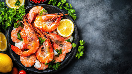 A vibrant platter of fresh shrimp garnished with lemon and herbs, perfect for culinary presentations or seafood dishes. Ideal for gourmet recipes and healthy meals.の素材