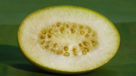 A close-up of a fresh green melon slice revealing its seeds and soft flesh. The vibrant green background enhances the natural beauty of this tropical fruit, perfect for healthy diets.の素材