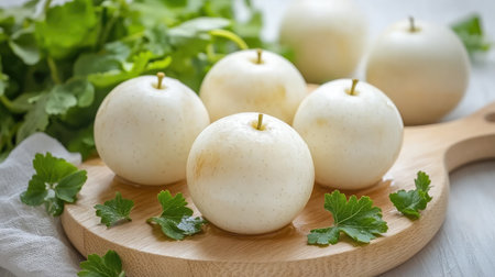 A beautiful arrangement of fresh white vegetables on a wooden board, garnished with green herbs, perfect for culinary inspirations and healthy meal ideas.の素材