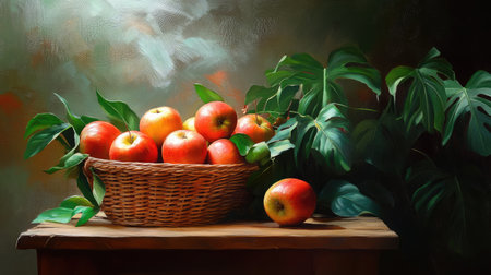 A beautiful still life featuring fresh red apples in a woven basket on a wooden table, accented by green leaves, perfect for showcasing nature's bounty.の素材