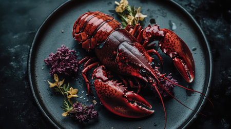 A beautifully presented fresh lobster on a black plate, surrounded by delicate herbs and flowers, perfect for gourmet dining or festive occasions.の素材