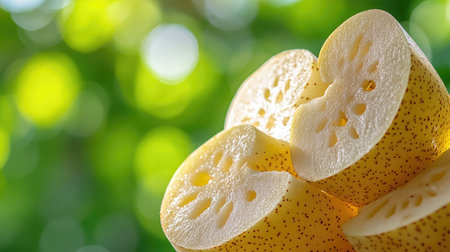 Close-up of fresh yellow fruit slices showcasing vibrant texture and a soft bokeh background, perfect for healthy eating and food photography themes.の素材