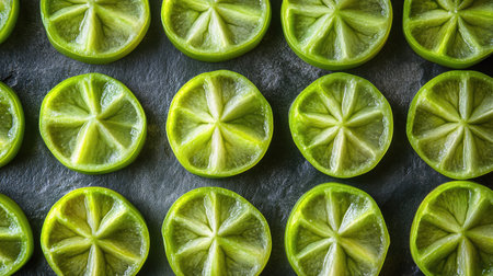 Bright green lime slices arranged on a dark surface showcase their vibrant color and texture. Perfect for food styling, recipes, and refreshing drinks.の素材