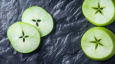 Freshly sliced green apples arranged on a dark slate surface, showcasing their vibrant color and unique interior texture. Perfect for culinary presentations.の素材