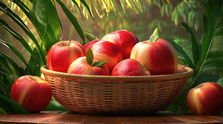A beautiful arrangement of fresh red apples in a woven basket, surrounded by lush green leaves. Ideal for showcasing natural produce and healthy eating.の素材