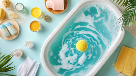Enjoy a serene bath experience with vibrant colors, rich bubbles, and soothing accessories. Perfect for relaxation and self-care moments at home.の素材