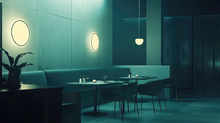 A serene night view of a modern minimalist restaurant interior featuring elegant lighting and sleek furniture, creating a cozy dining ambiance.の素材