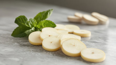 Delight in the visual appeal of freshly sliced pears accompanied by vibrant mint leaves on a smooth stone surface, perfect for culinary presentations.の素材
