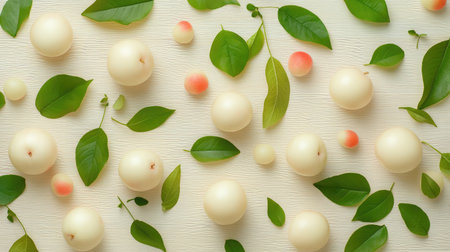 A vibrant arrangement of fresh leaves and round fruits on a light background. Ideal for culinary, wellness, and nature-themed designs.の素材