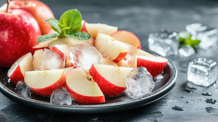 Bright red apple slices served on a plate with ice and fresh mint leaves, creating a refreshing and healthy snack. Perfect for summer cuisine.の素材