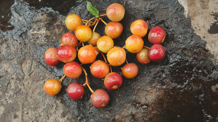 A close-up view of fresh cherries resting on a wet stone surface. The vibrant colors and water droplets enhance the natural beauty of this seasonal fruit, perfect for culinary and wellness themes.の素材