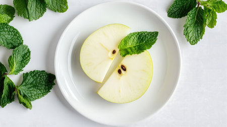 Close-up of fresh apple slices on a white plate, garnished with vibrant mint leaves, showcasing a healthy and refreshing food presentation.の素材