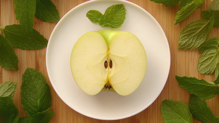 A fresh green apple sliced in half, showcasing its seeds, surrounded by mint leaves on a wooden surface, perfect for healthy dishes or snacks.の素材