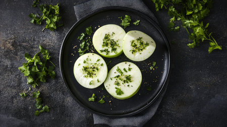 Vibrant slices of fresh vegetables topped with aromatic herbs arranged on a dark plate, perfect for culinary presentations and healthy meal ideas.の素材