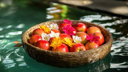 A serene scene of a basket filled with apples and vibrant flowers floating in tranquil water, capturing the essence of natural beauty and relaxation.の素材