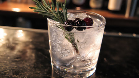 A beautifully crafted cocktail featuring fresh berries and rosemary, served over ice in a clear glass. Perfect for summer gatherings and celebrations.の素材