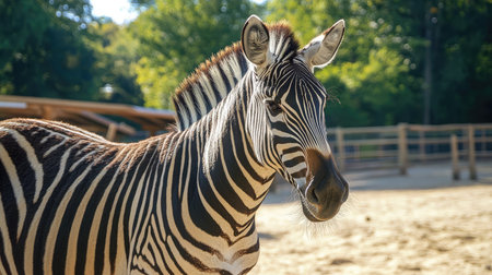 A stunning portrait of a zebra showcasing its striking black and white stripes in a tranquil outdoor setting, highlighting the beauty of wildlife.の素材