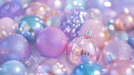 A collection of soft pastel Christmas ornaments in pink, blue, and purple, featuring sparkling lights and a bokeh background, perfect for holiday themes.の素材