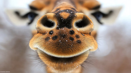 This close-up portrait captures the charming smile of a giraffe, showcasing its unique facial features and gentle expression in a serene natural setting.の素材