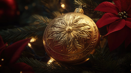 A stunning gold Christmas ornament delicately placed among festive decorations, creating a warm and cheerful atmosphere for the holiday season.の素材