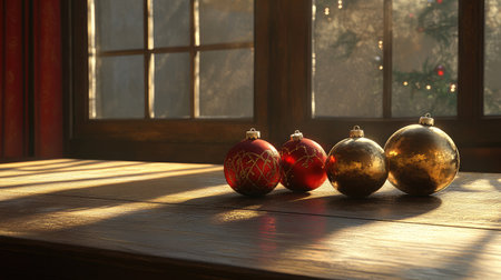 Beautifully arranged Christmas ornaments in warm sunlight create a festive and cozy atmosphere in a home setting, perfect for holiday celebrations.の素材