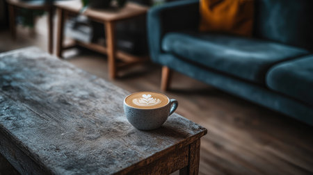 A serene indoor setting featuring a cup of coffee on a rustic wooden table, creating a cozy and inviting atmosphere perfect for relaxation.の素材