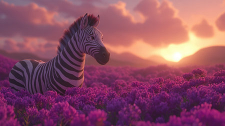 A serene zebra rests in a vibrant purple flower field during a stunning sunset, showcasing the beauty of wildlife in nature's tranquil setting.の素材