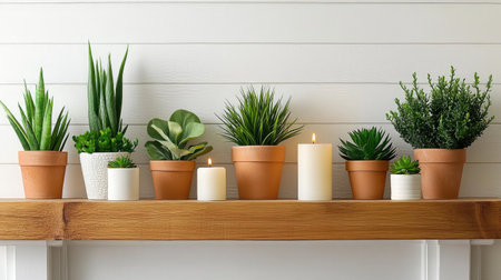 A stylish arrangement of potted plants and candles on a wooden shelf, creating a cozy and serene atmosphere perfect for home decor and relaxation.の素材