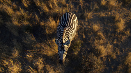Stunning aerial view of a lone zebra grazing in golden grassland, showcasing its unique stripes and tranquil environment under a bright sky.の素材