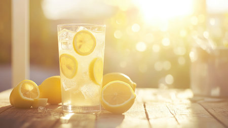 A refreshing glass of lemonade filled with ice and lemon slices sits on a wooden table, illuminated by warm sunlight, perfect for summer enjoyment.の素材
