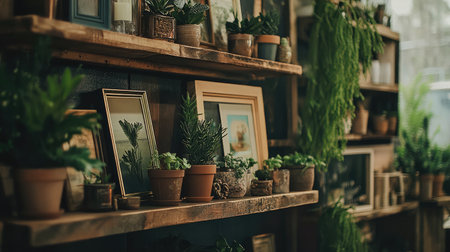 A beautifully arranged display of potted plants on rustic wooden shelves, creating a cozy and inviting atmosphere perfect for home decor enthusiasts.の素材