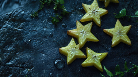 Bright yellow star fruit slices arranged on a dark stone surface, showcasing their unique shape and vibrant color, perfect for culinary inspiration.の素材