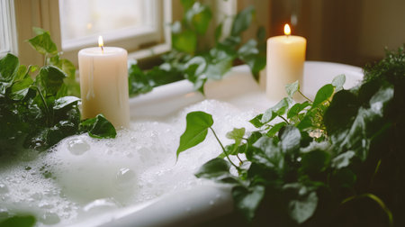 Create a serene ambiance with a relaxing bath surrounded by greenery and candles. Perfect for self-care and rejuvenation, this scene invites tranquility.の素材