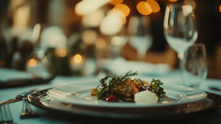 A beautifully arranged dinner plate features gourmet cuisine and fresh herbs, set in an elegant dining room with soft candlelight for a memorable dining experience.の素材