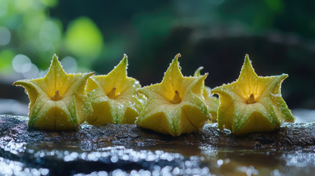 Beautiful bright yellow star-shaped fruits sit on a wet surface, showcasing their unique shape and vibrant color in a natural setting. Ideal for nature themes.の素材