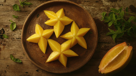 Deliciously arranged mango slices in star shapes on a rustic wooden table, showcasing vibrant colors and a fresh, tropical essence perfect for culinary presentations.の素材