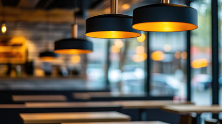 A contemporary cafe interior showcasing unique pendant lighting and wooden furniture, creating a cozy and inviting atmosphere perfect for gatherings.の素材