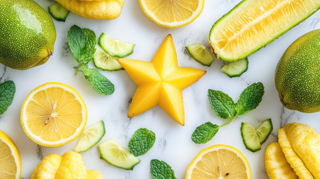A vibrant arrangement of fresh exotic fruits including starfruit, lemons, and limes, accompanied by mint leaves, perfect for tropical-themed dishes or decor.の素材
