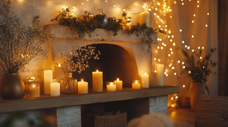 A serene living room setting featuring soft candlelight and warm decorations, perfect for creating a cozy and inviting atmosphere for relaxation.の素材