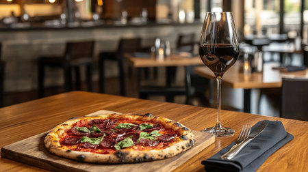 A mouthwatering pizza topped with basil served alongside a glass of red wine in a modern restaurant setting, perfect for dining and relaxation.の素材