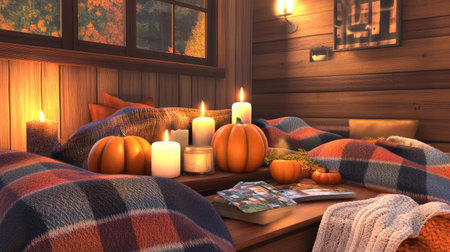 This cozy autumn scene features plush blankets, glowing candles, and decorative pumpkins, creating a warm atmosphere perfect for fall gatherings.の素材