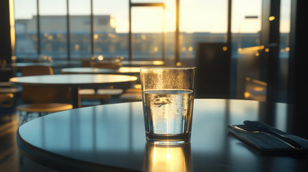 A serene evening scene in a modern cafの素材